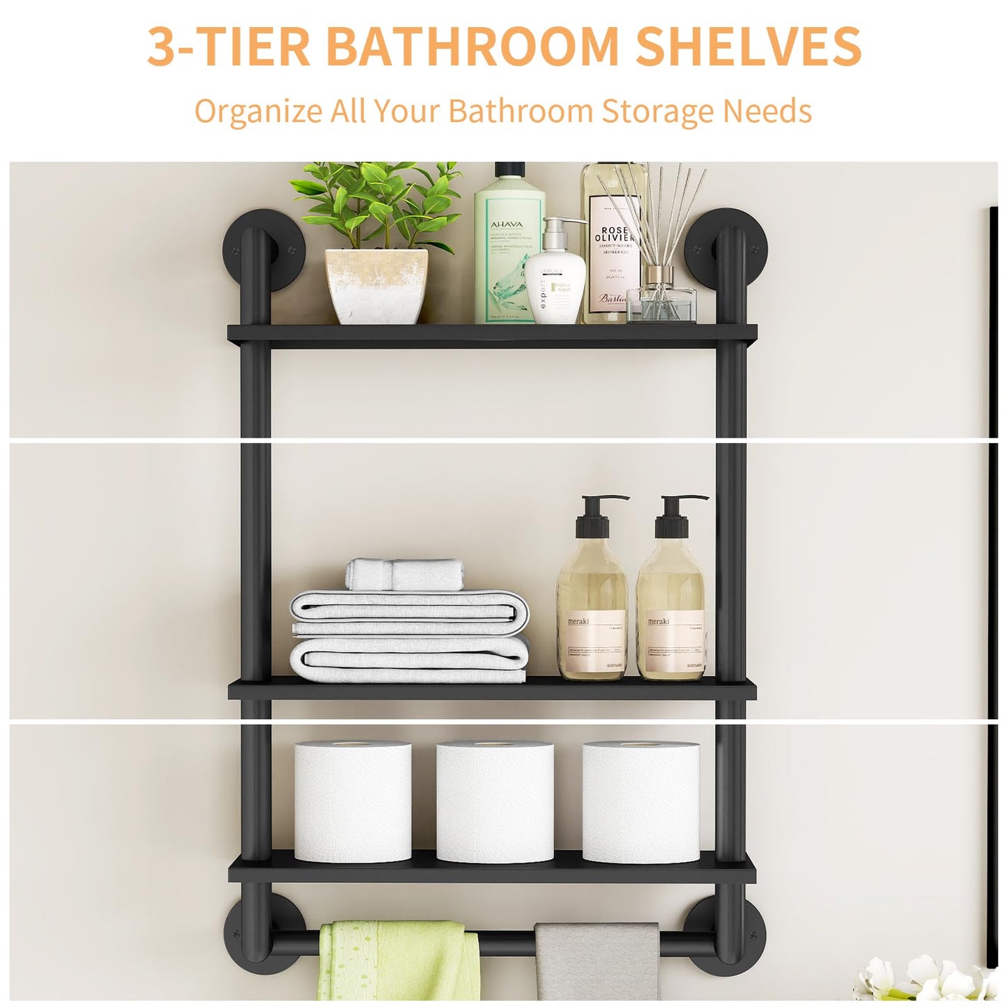 Bathroom Shelves Wall Mounted, 3 Tier Towel Racks with Towel Bar, 26in Stainless Steel Floating Pipe Shelves Over Toilet, Wall Shelves for Bathroom Laundry Room Kitchen Storage