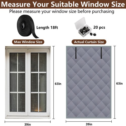 Nkiy Quen 3 Layer Winter Insulated Window Cover-63" x 39" Oxford Thermal Insulated Window Blanket with Fastener-Grey Window Insulation Kit for Winter Keeping Warm