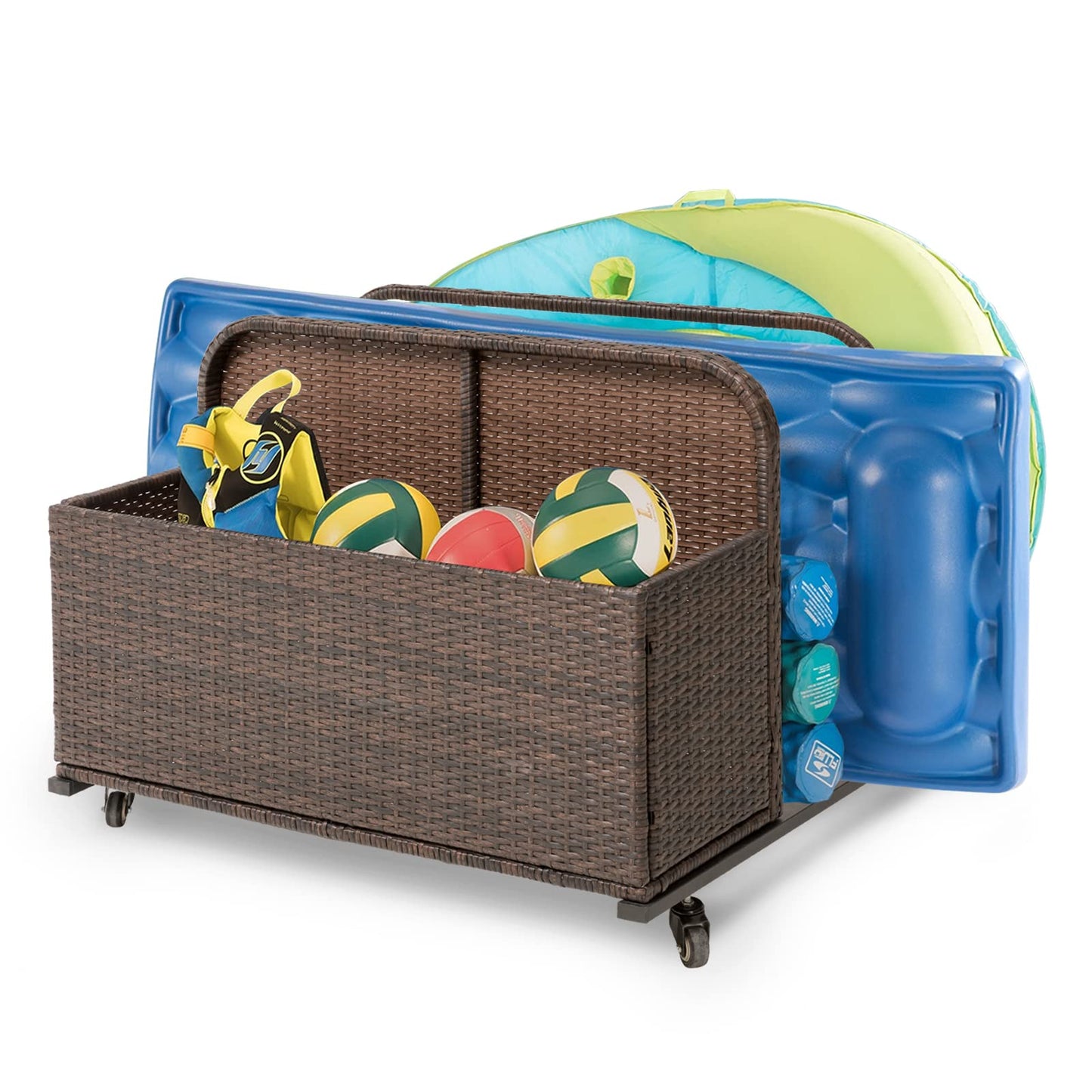 LUCKWIND Poolside Float Storage Organizer, Outdoor Rattan Pool Caddy with Wheels & Basket Holder for Patio, Pool, Garden Sturdy & Movable (Dark Brown)