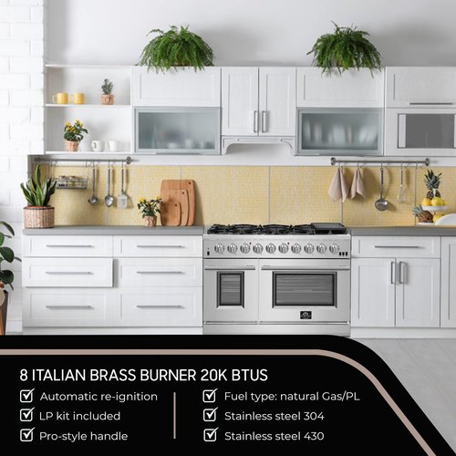 FORNO Capriasca Full Gas 48" Inch. Freestanding Range with 8 Sealed Burners Cooktop - 6.58 Cu.Ft. Double Gas Convection Oven Capacity, Stainless Steel Heavy Duty Cast Iron Grates.