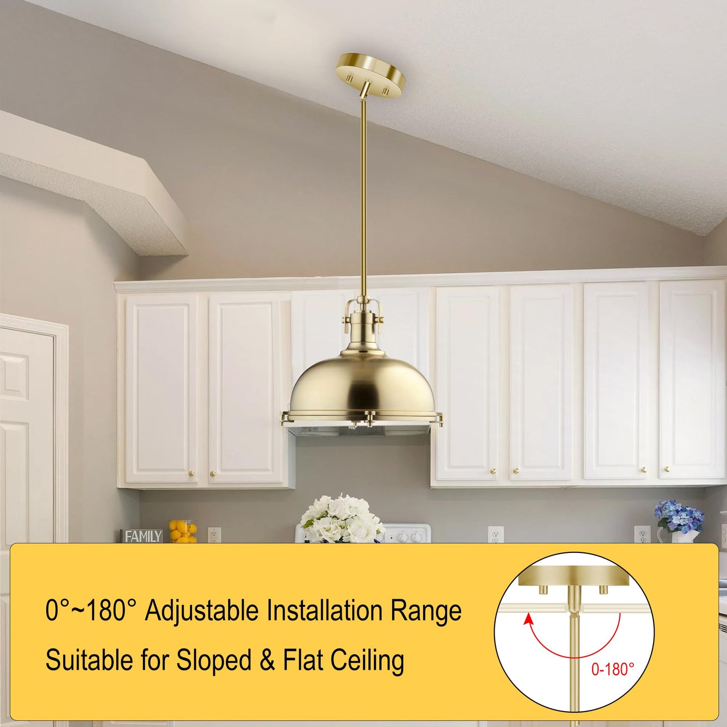 8 Pieces M10 Threaded Extension Poles Lighting Fixture Downrods Stems & 180 Degrees Sloped Ceiling Adapter Kits for Pendant Light, Island Lighting, Chandeliers (Brass)