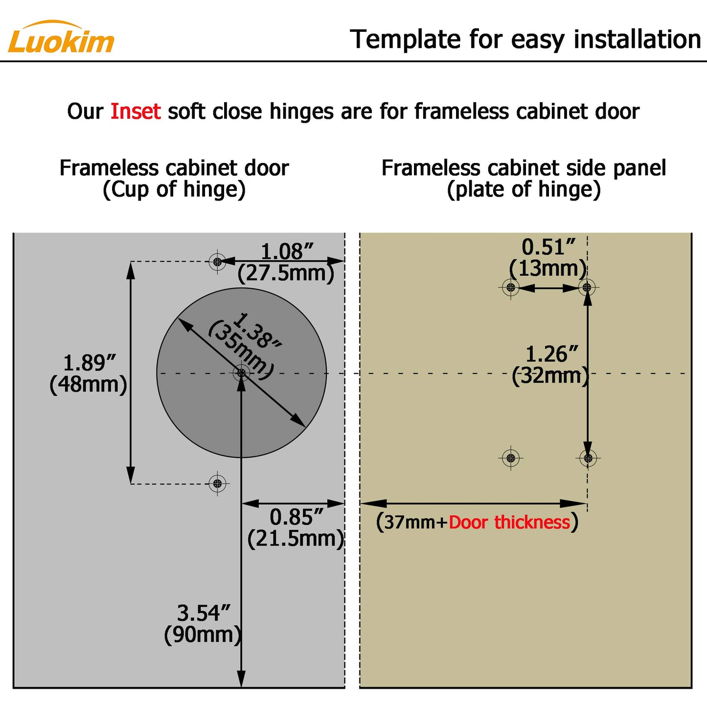 Luokim 2pcs Inset Cabinet Hinge Frameless Concealed Door Hinges European Soft Closing Four-Hole Mounting Plate Hinges Nickel Plated Finish