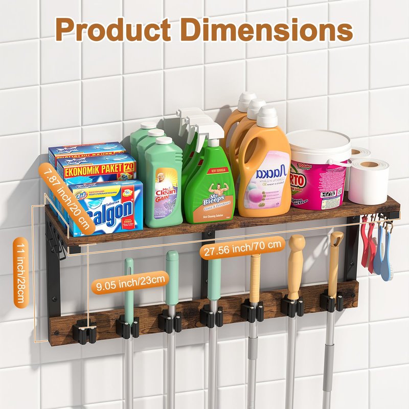 Housolution Broom Holder Wall Mount with Cleaning Supplies Organizer, 100 LBS High Load-Bearing Laundry Room Storage Shelves, Multifunctional Mop Hanger Rack with 7 Grippers & 8 Hooks