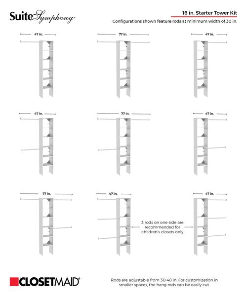 ClosetMaid SuiteSymphony Wood Closet Organizer Starter Kit with Tower and 3 Hang Rods, Shelves, Adjustable, Fits Spaces 4 – 9 ft. Wide, Engineered Wood, Pure White, 16"
