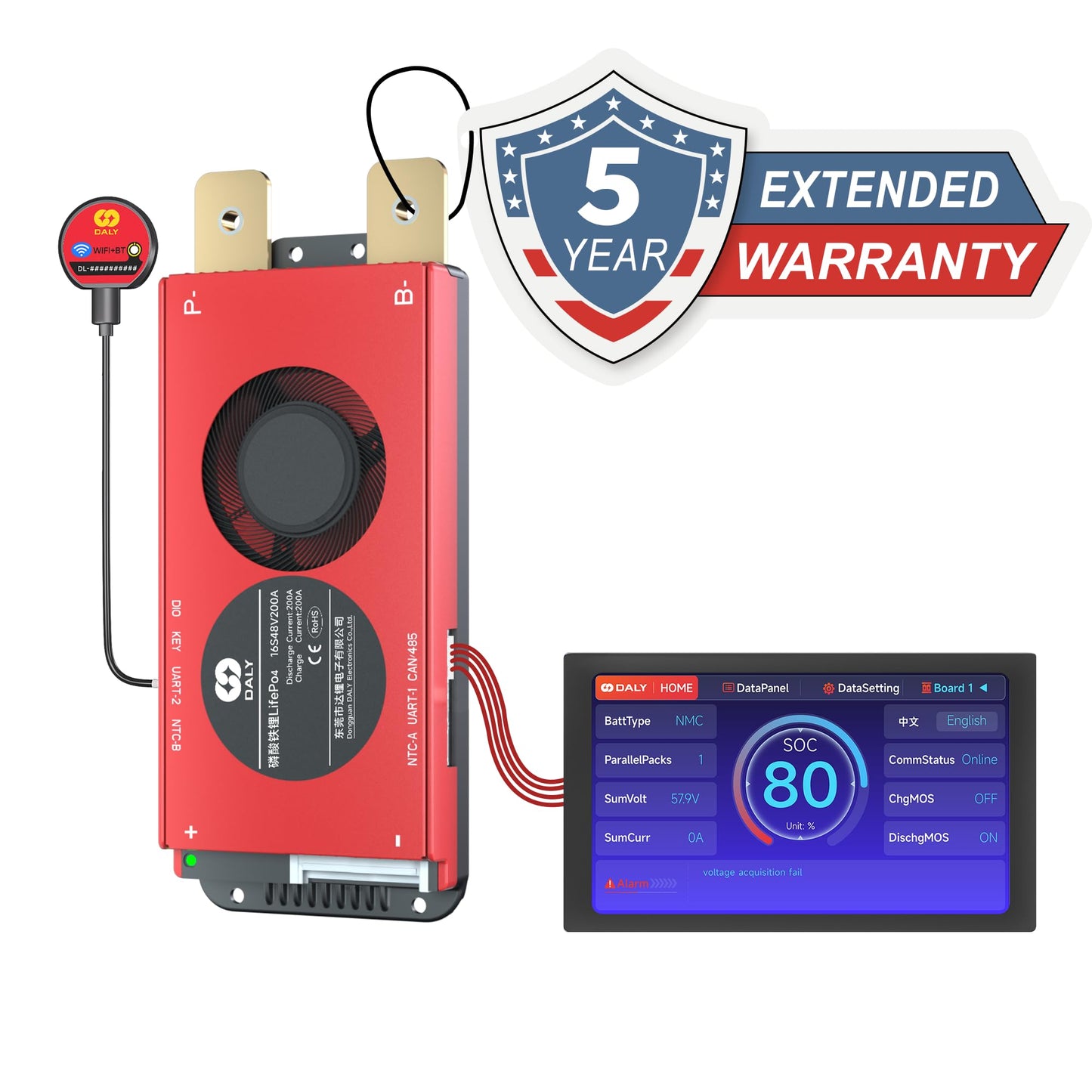 DALY BMS 48V 16S 200A Display - Smart BMS with 4.3 Inch LCD Touch Screen WiFi Bluetooth Module Supports RS485 CAN for 48V LiFePO4 Golf Carts Electric Outboard Motors Solar Energy Power Systems