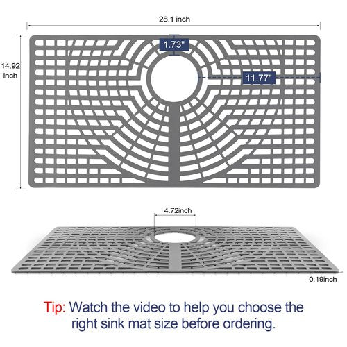 Snuggery Silicone Sink Protector 28"x15" Rear Drain Hole, Heat Resistant Non-slip Dishwasher Suitable, Large Mat for Bottom of Farmhouse Kitchen Stainless Steel Sink(Grey)