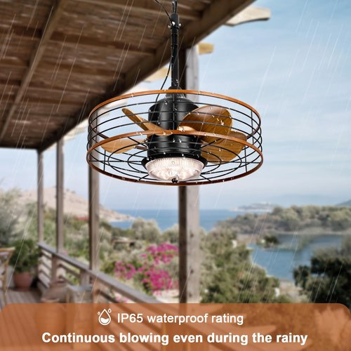 20" Outdoor Ceiling Fan with Light for Patios Waterproof Caged Gazebo Fans Outdoor Hanging Lighting with Plug-in Cord, Dimmable LED, Remote APP Control, 6 Speeds for Pergola Porch Gazebo (Brown)
