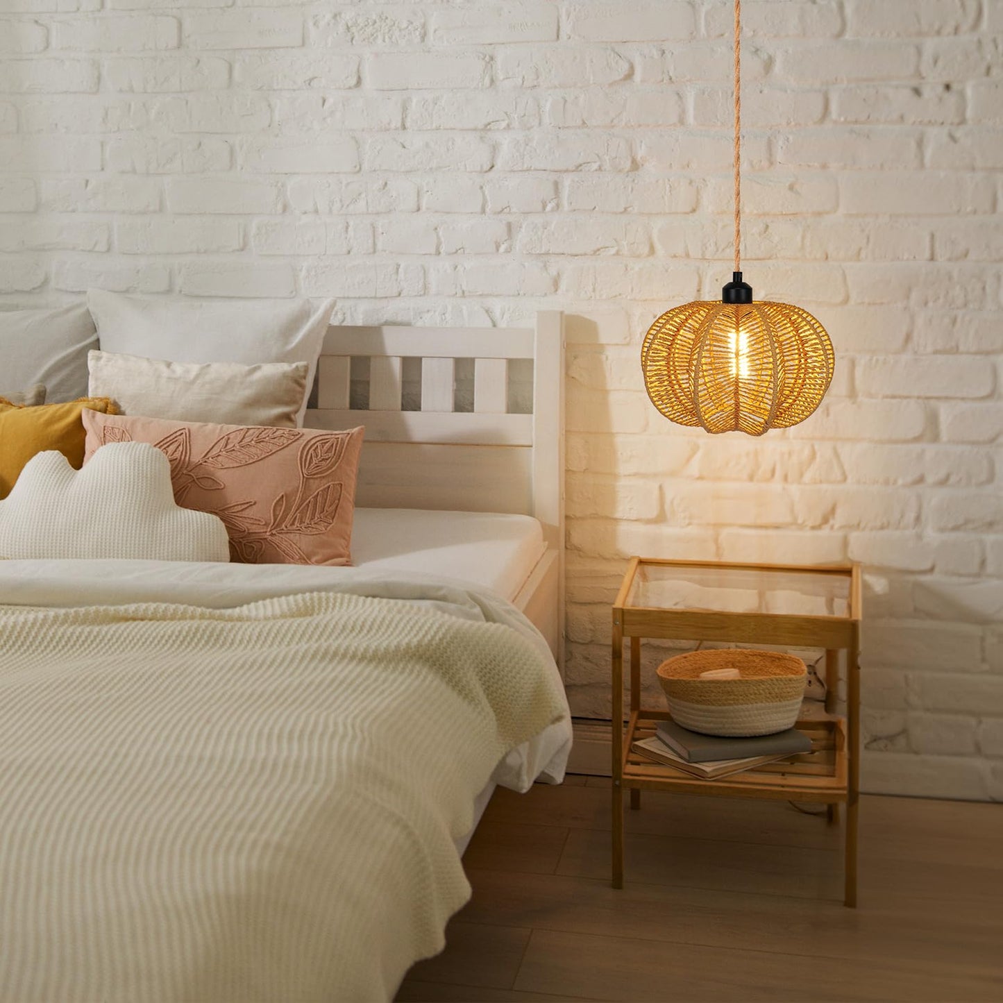 tebio Plug in Pendant Light Rattan Hanging Lights with Plug in Cord 15FT Hemp Rope Cord, Dimmable Switch – Indoor Hanging Lamps for Boho Living Room Bedroom(Bulb Included) 11 x 7 inch