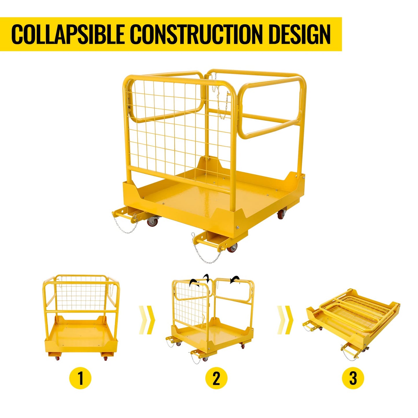 RAILEN Forklift Safety Cage 36x36 Inch, 1200LBS Forklift Work Platform with 4 Wheels, Collapsible Forklift Man Basket Aerial Rails for Lifting Loader