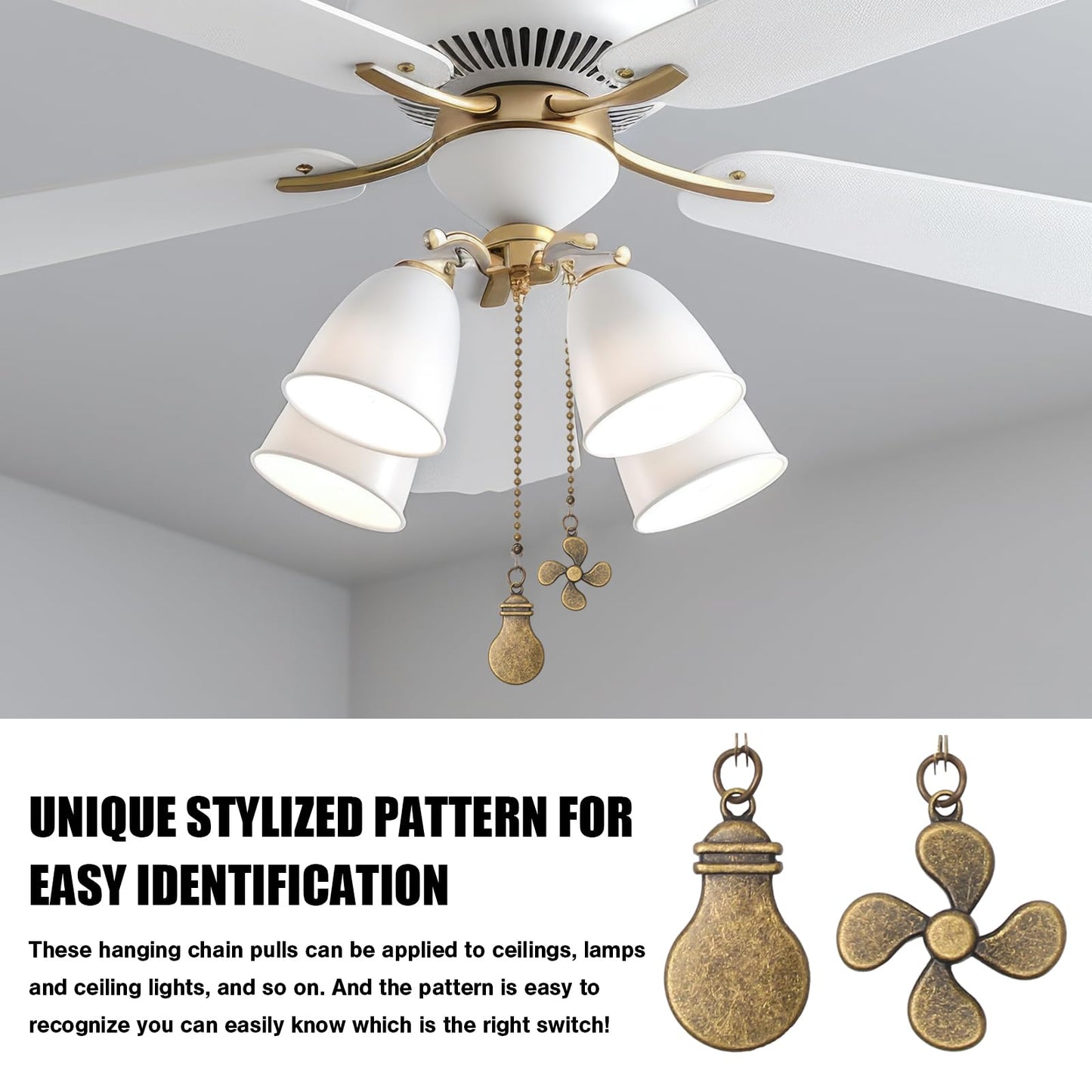 2 Pack Ceiling Fan Pull Chain Extender, 12 Inch Ceiling Fan Chain Pulls, Fan Pull Chain Extension with Fan and Bulb Ornaments, Pull Chains for Ceiling Fans and Lights, Bronze