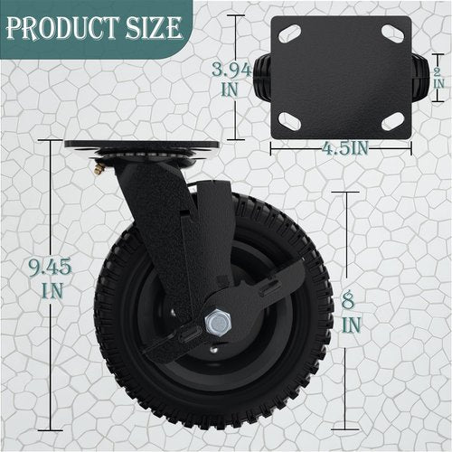 Lygoeege Swivel Heavy Duty Caster Wheel, 8 Inch*2, 1000lb Capacity, Black Rim, Solid Rubber, Cast Iron,Brake Casters,Outdoor, Flat Free for Carts, Dolly, Workbench,Trolley,DIY Tools