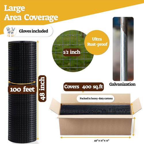 HORCH Black Hardware Cloth 1/2 inch 48x100 19-Gauge, Vinyl Coated Wire Mesh Roll, Chicken Wire Mesh, Tree Guard, Gopher Wire, Rodent Mesh, Chicken Wire Fencing, Garden Fence