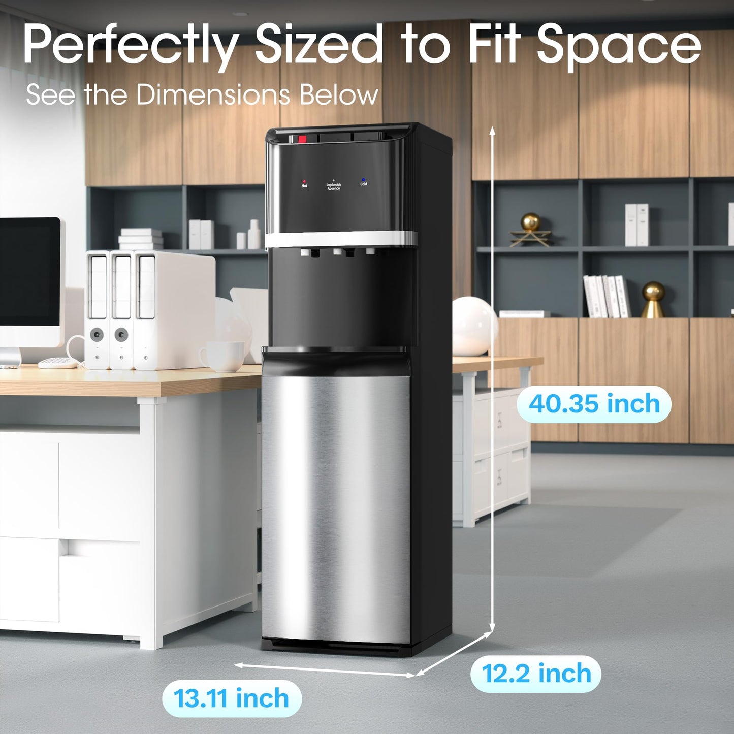 Manastin Bottom Loading Water Cooler Dispenser for 5 Gallon Bottles, Stainless Steel Water Cooler with 3 Temperature Settings - Hot, Cold & Room Water, Ideal Design for Home & Office, Pure Black