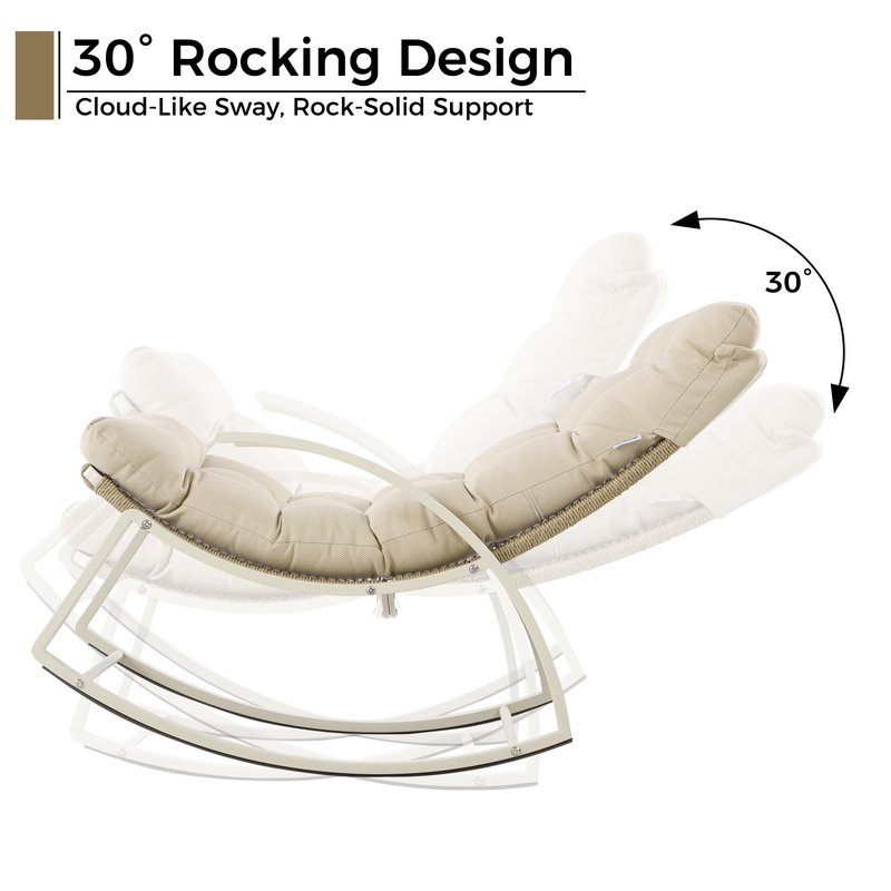IRONCK Outdoor Rocking Chair with Armrest and Cushion, Patio Rocking Chair, 480lbs Capacity, Handwoven Twisted Rattan Rocker for Garden, Living Room, Balcony, Beige