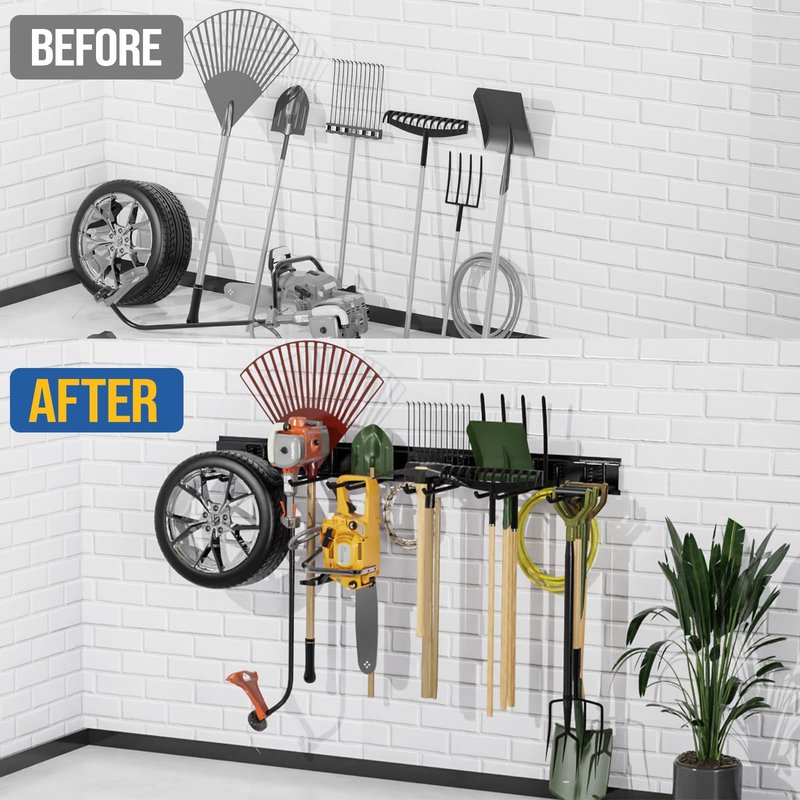 Volitaous 48Inch Garage Garden Tool Organizer Wall Mount, Heavy Duty Garage Tool Storage Rack, Adjustable Mix 9PC Metal Hooks, Rake Hangers Yard Tool Organizer Rack, Max 300Lbs