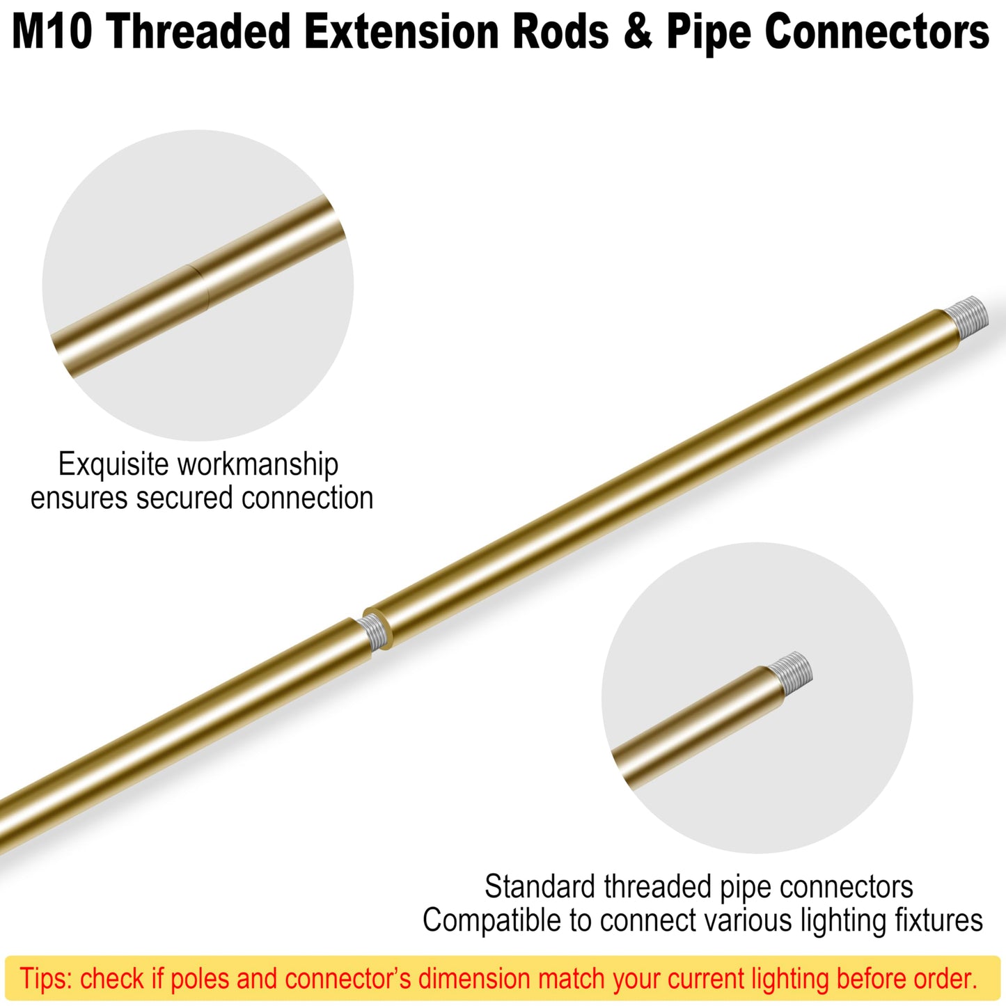 8 Pieces M10 Threaded Extension Poles Lighting Fixture Downrods Stems & 180 Degrees Sloped Ceiling Adapter Kits for Pendant Light, Island Lighting, Chandeliers (Brass)