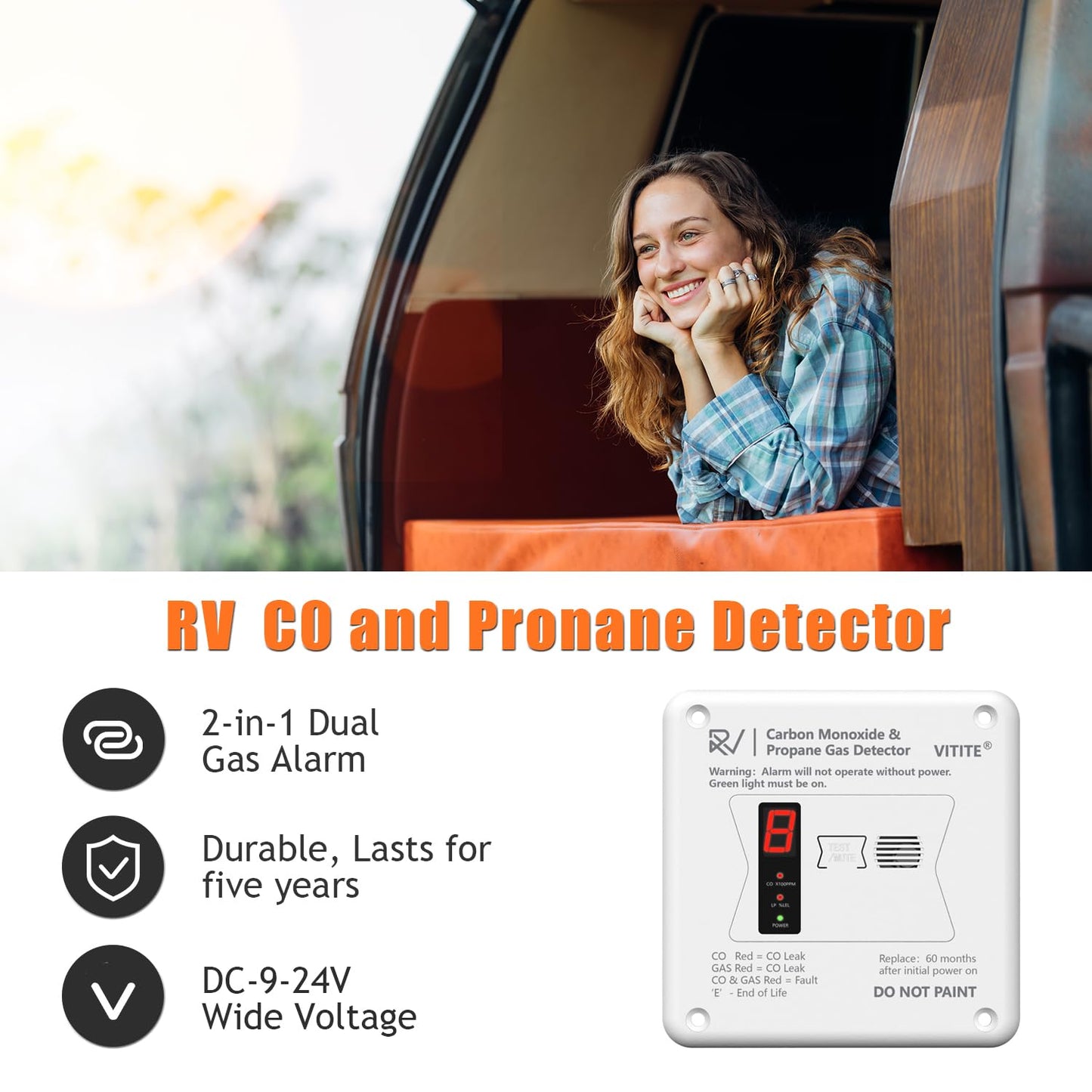 RV Carbon Monoxide & Propane Detector, Replacement for RV Gas Detector #31011, 2 in 1 Dual CO/LP Gas Alarm, Hardwired - VDC 12V, Flush Mount, White