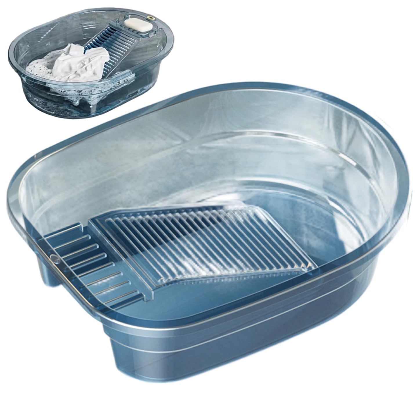 Washboard Basin 17x13x5 Inch Integrated Washboard with Non-Slip Pad Heavy Duty PET Wash Board for Hand Washing Clothes, Transparent Blue, Wash Board