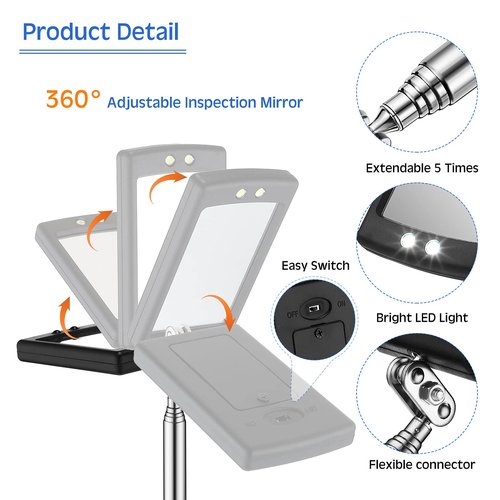 Frienda 2 Pieces Lighted Telescoping Inspection Mirror Flexible Retractable LED Automotive Extension Round Dental Mirror with Light Pickup Tools Valentine Birthday Gift for Men, Husband, Father