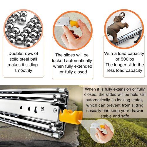 500Lb Load Capacity Heavy Duty Drawer Slides with Screws 18in 24in 30in 40in 54in 72in 76in 80in Full Extension Ball Bearing Side Mount 3-Fold Industrial Rails Locking Rail 1 Pair(80in)