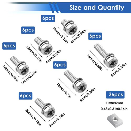 smseace 72Pack 304 Stainless Steel Battery Bolts and Nuts 5-Sizes M6x10/12/16/18/20mm ATV Battery Bolt Motorcycle Battery Terminal Screws with Square Nuts for ATV Battery Bolts and Nuts Square