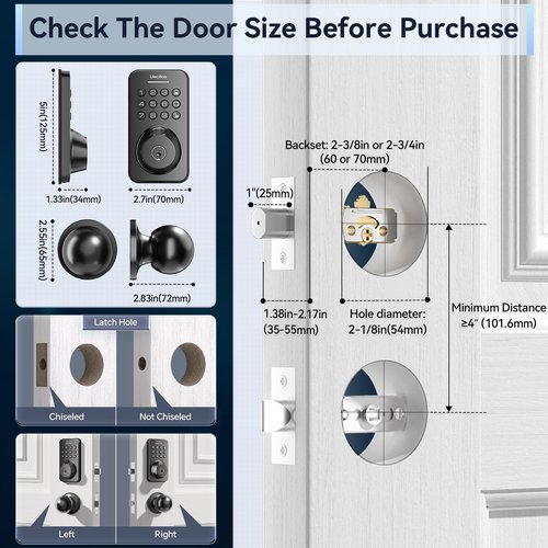 Ulecoce Fingerprint Keypad Deadbolt with Handle Set, Keyless Entry Door Lock, Door Locks for Front Door Lock Set, App Control, Auto Locking, Easy to Install, Matte Black