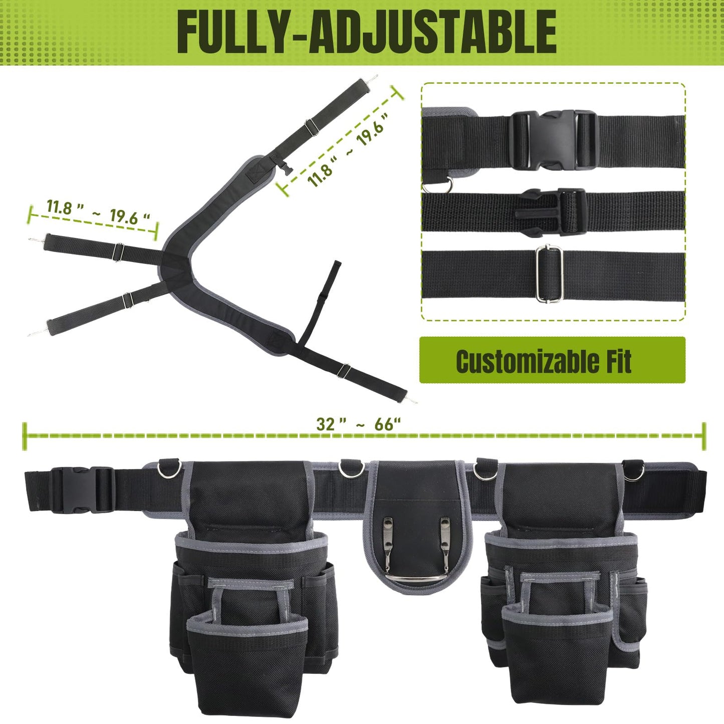 Tool Belt, Tool Belts for Men, 32 to 66 Inches Adjustable Waist, Electrician and Carpenter Tool Belt with Suspenders for Construction and Gardening, Black and Grey