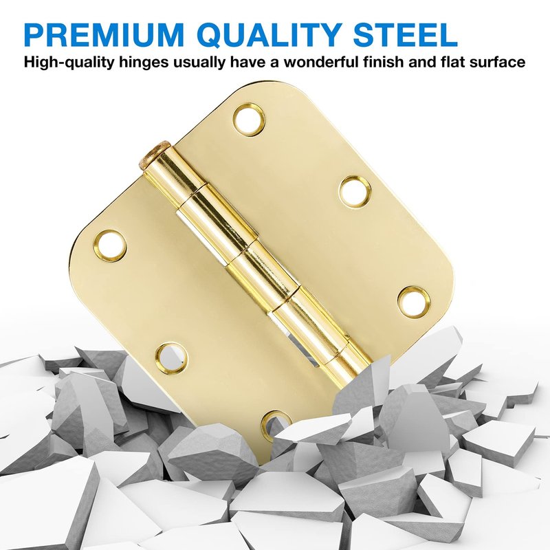 3 Pack Rounded Door Hinges 3-1/2" x 3.5 inch, 5/8 Radius, Polished Brass 3 ½ Inch Gold House Interior Hinge for Bed/Living/Guest/Pantry/Storage/Study/Work Room Doors Heavy Duty Steel Hardware Kit