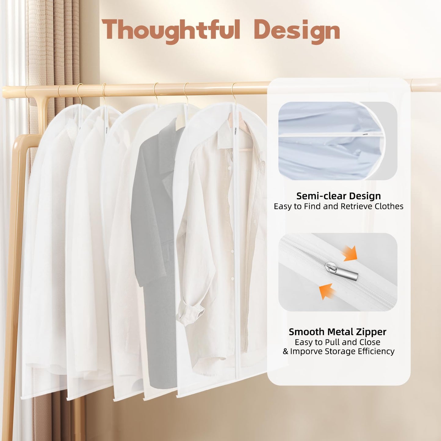 Garment Bags Dust Cover Storage Clear Dust Jacket,Five-Fiece Plastic Dust Suit Bag,White Zipper Breathable Full Zipper for Clothes Closet Coat Protection Garment Cover (60 x 120cm)