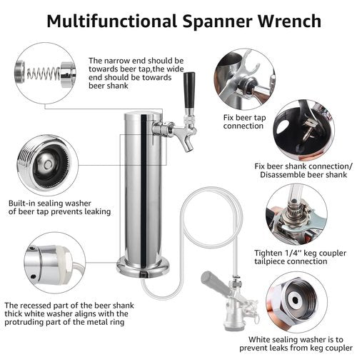 MRbrew Beer Line Shank Faucet Kit, Stainless Core Self-Closing Beer Tap with 3/16'' liquid hose & 1/4" Barb, Kegerator Tower Replacement Set for Draft Beer Dispenser - Include Tap Wrench & Hose Clamps