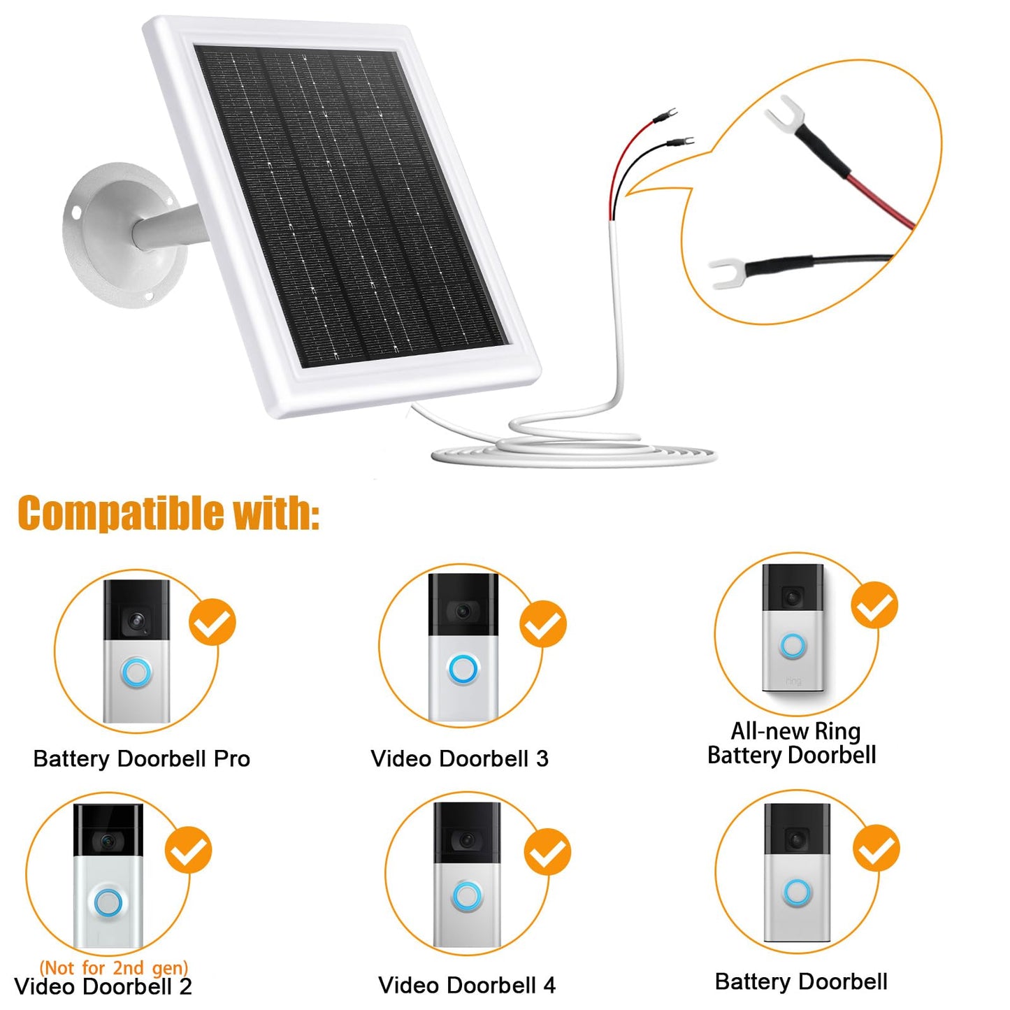 Ring Doorbell Solar Charger,12VAC Compatible with Ring Video Doorbell 3/3+/4, Battery Video Doorbell Pro, 16.4ft Waterproof Charging Cable, 360°Adjustable Mount -Update