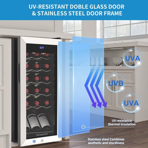 Tecnolove 18 Bottle Wine Cooler with 41-68℉ Digital Temperature Control Stainless Steel 1.7 Cu.Ft LED Light undercounter Glass Door Compressor Small Compact for Red, White and Champagne Beer