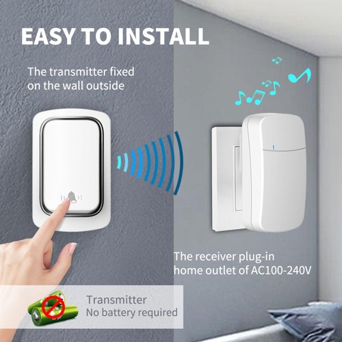 Self-Powered Wireless Doorbell for Home/Office - IP66 Waterproof, Plug-in Doorbell Kit with No Battery Required, 500ft/150m Range & Custom Chimes for Cabin/Classroom (Black)