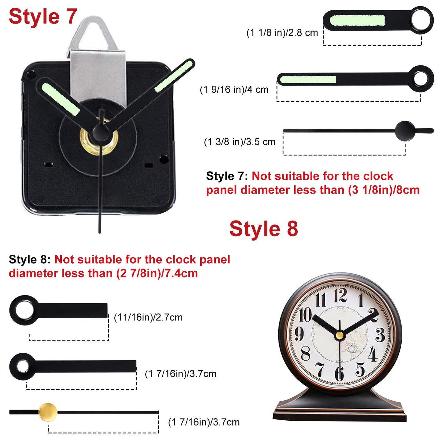 EMOON 3-Piece Silent Clock Mechanism Kit with 8 Pairs of Short Clock Hands Battery Operated Quartz Movement for DIY Clock Repair and Replacement (Total Shaft Length 16mm, 20mm, 23mm)