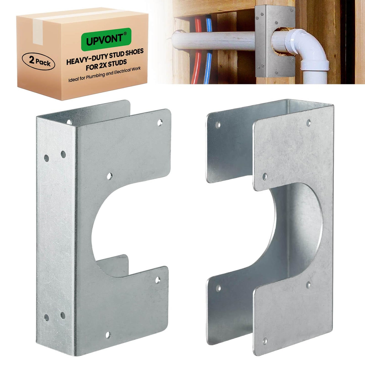 UPVONT Stud Shoes for 2x Studs, 16-Gauge Galvanized Stud Shoes, 6.25" Height, 1.5" Width, Fits Up to 2 3/8" OD Pipes – Thicker, Higher, IBC/IRC Code Compliant, Extra Durable (1.5" x 6.25" - 2 PCS)