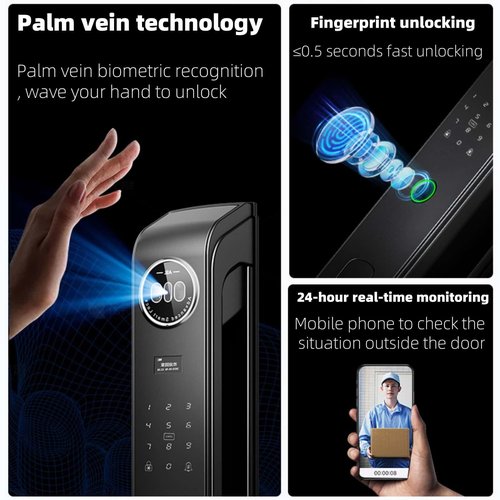 iuscacey Tuya Smart Lock with Palm Vein & 3D Face Recognition, 12-in-1 Keyless Entry Door Lock, WiFi, Video Intercom, Fingerprint, Card, Password