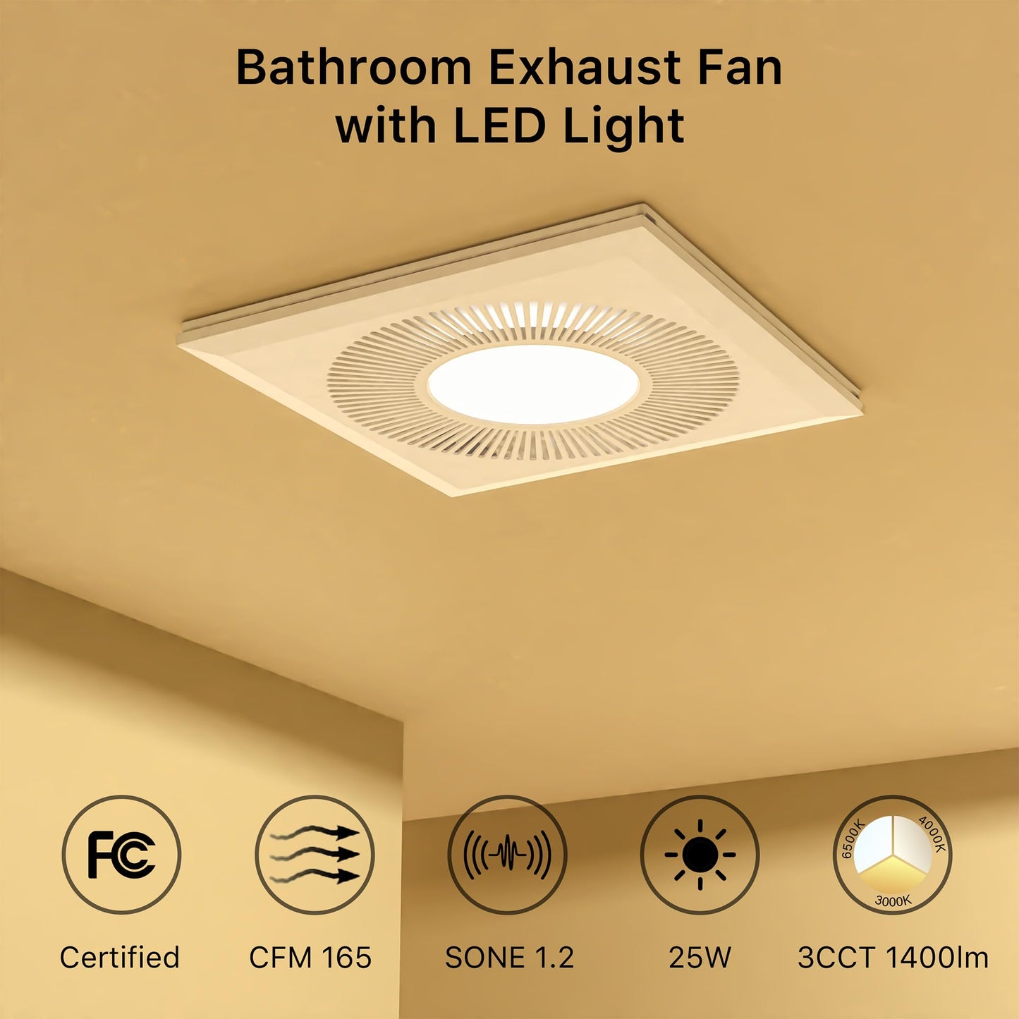 FWASTT Bathroom Exhaust Fan with Light 165CFM Shower Bathroom Vent Fan with 11.8IN 15w Led Light Combo Quiet 1.2 Sones Bath Ceiling vent with Adjustable Led Light 3000k/4000k/6500k For Home Bath