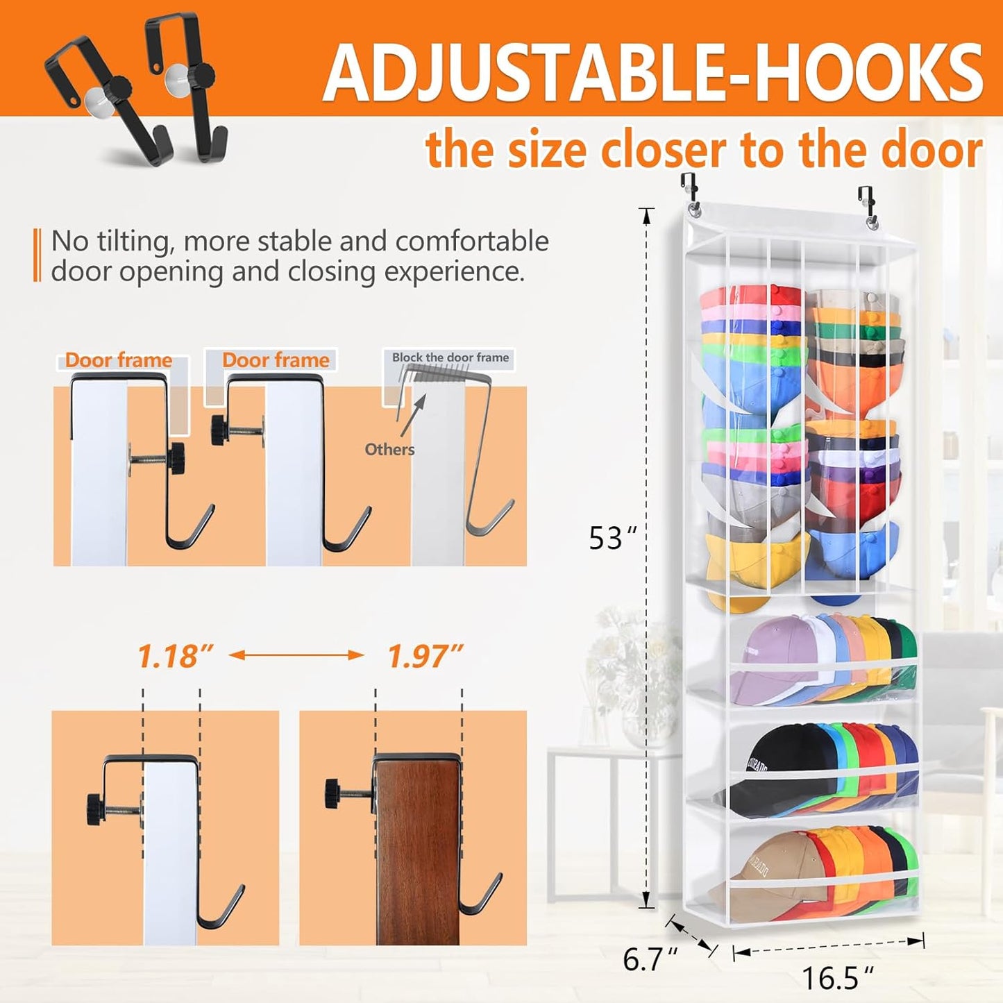 Toread Dual Purpose Over The Door Hat Organizer,Holds 80+ baseball caps Baseball Hat Organizer,Adjustable-hook design Hat Rack For Door,Fits closet/bedroom/pantry Over Door organizer-W