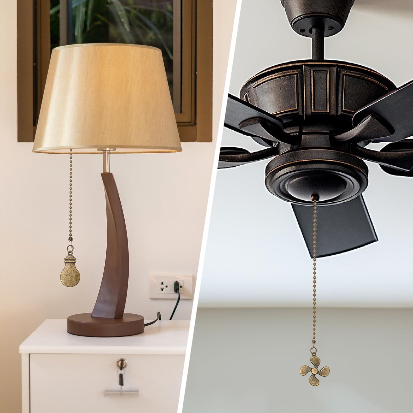 2 Pack Ceiling Fan Pull Chain Extender, 12 Inch Ceiling Fan Chain Pulls, Fan Pull Chain Extension with Fan and Bulb Ornaments, Pull Chains for Ceiling Fans and Lights, Bronze