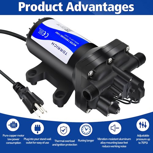 TDRRICH Water Pressure Booster Pump for House,110V RV Water Transfer 5.5GPM 30PSI-75PSI Self-priming Pump,Diaphragm Power Water Pumps for Boats Inline Garden Hose Lawn Camper Sprinkler Irrigation