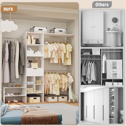 Benass Wood Closet Organizer System, Closet Organizer with 3 Hanging Rods & 1 Wooden Drawer – Adjustable Closet System for Walk-In Closets, Wood Shelves, Fits Spaces 3-8ft, Pure White