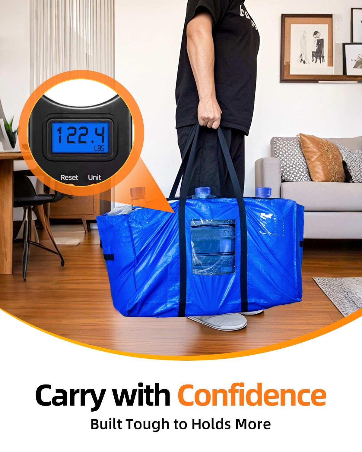 AdeaBag Extra Large Moving Bags, 4 Pack Heavy Duty Storage Bags Boxes Bins Totes with Hnadles Zippers Visible Window for Clothes College Dorm Travel, Blue