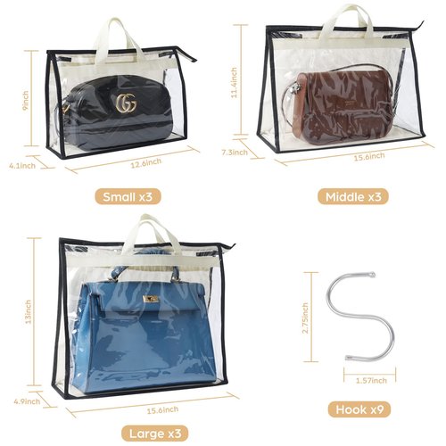Interesse 9 Pack Dust Bags for Handbags, Clear Handbag Storage, Purse Storage Organizer for Closet, Purse Cover Hanging Closet Organizer with Zipper