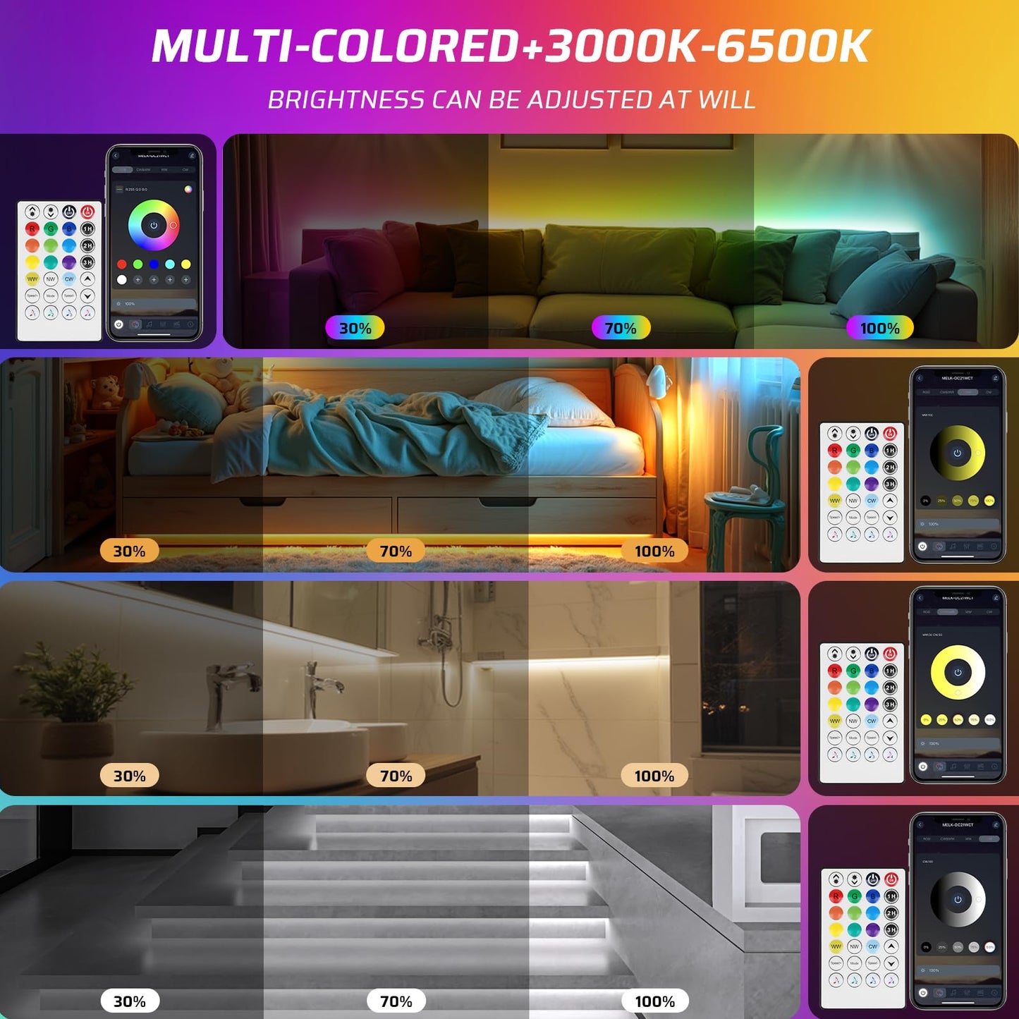RGBWW+IC LED Strip Lights 50Ft, Dimmable Multi-Colored+3000K-6500K LED Lights with Remote and APP, Flexible Self-adhesive Color Changing LED Tape Lights, 24V Cuttable DIY Strip Lighting for Home Stair
