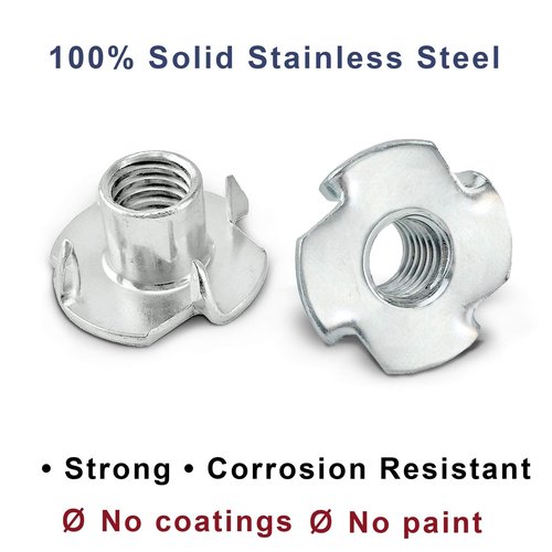 Stainless Steel T-Nuts, 1/4"-20 Inch, (25 Pack), Anti Corrosion Threaded Insert, Choose Size/Quantity, by Bolt Dropper, Pronged Tee Nut. (1/4"-20 x 7/16")
