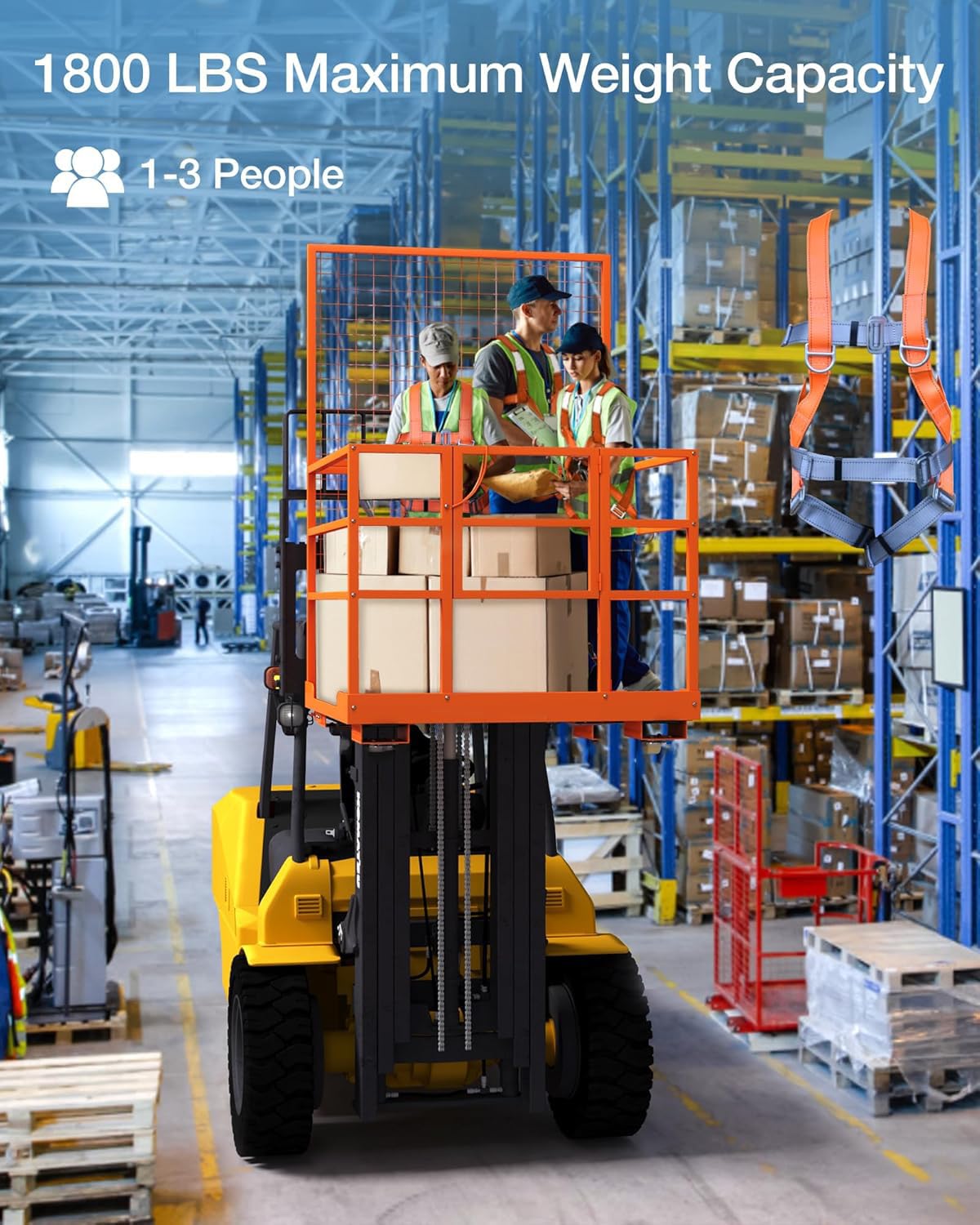 Forklift Platform Safety Cage,Work Platform for Loader,43"x45" Man Basket for Forklift,1800lbs Capacity with Safety Harness & Lock,2-Man Collapsible Lift Basket for Lifting Loader