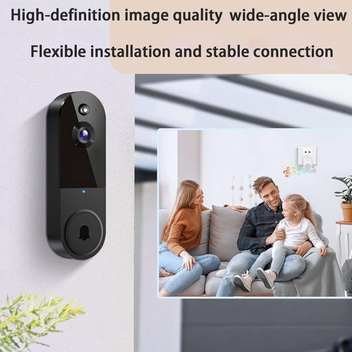 Safe Door Bell with Camera No Subscription, Safe Doorbell-The Smarter Way to Protect Your Home, Ai Human Detection, Live View, 2-Way Audio Included Chime, Monitor Indoors and Outdoors(T1/Black)