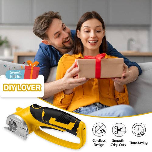 Cordless Electric Scissors, 4V Rechargeable Heavy Duty Rotary Cutter with LED Light & Safety Lock for Cardboard, Fabric, Leather, Carpet, Plastic, Crafting, Sewing, DIY & Industrial Use + Box (Yellow)