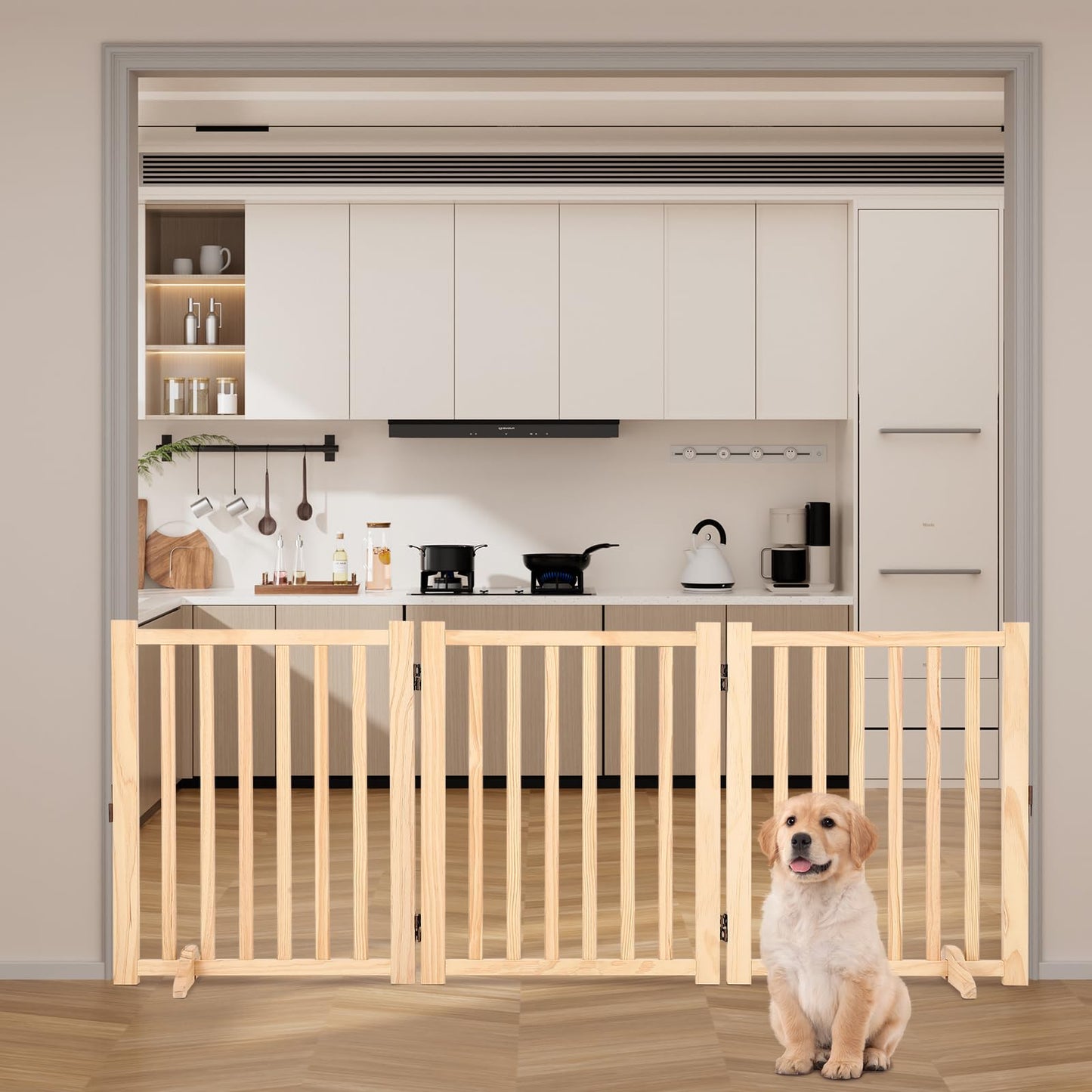Paint-Free Wooden Freestanding Dog Gates, Wooden Indoor Dog Fence,Collapsible Wood Pet Gates for The House,Doorways, Stairs,Step Over Fence -3 Panel H:24”