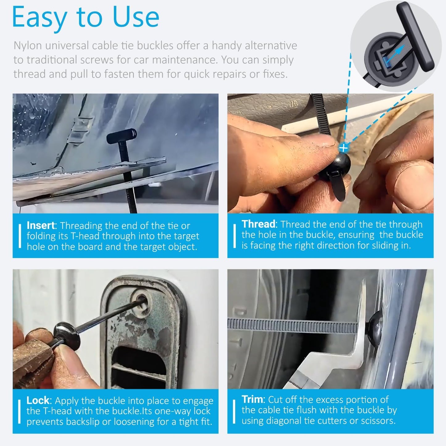 2026 Upgraded Nylon Universal Cable Tie Buckle, Heavy Duty Self-Locking Rivet Zip Ties, Multifunctional Cable Tie Buckle for Car Daily Repair, Home, Office, Garden, Workshop(30Pcs)